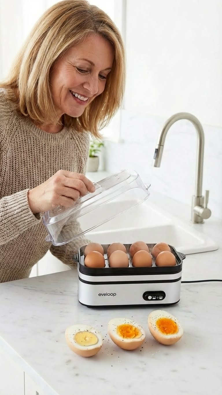 Pessoa usando o vaporizador de ovos em uma cozinha clara